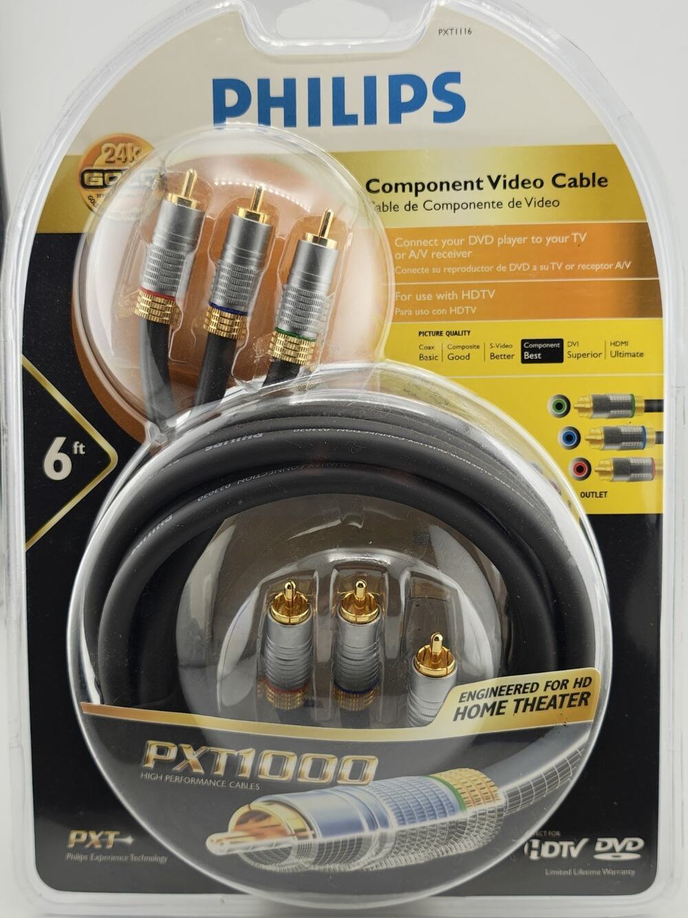 Vintage Philips PXT1000 6ft Component Video Cable NOS Sealed Gold YPbPr Retro HD